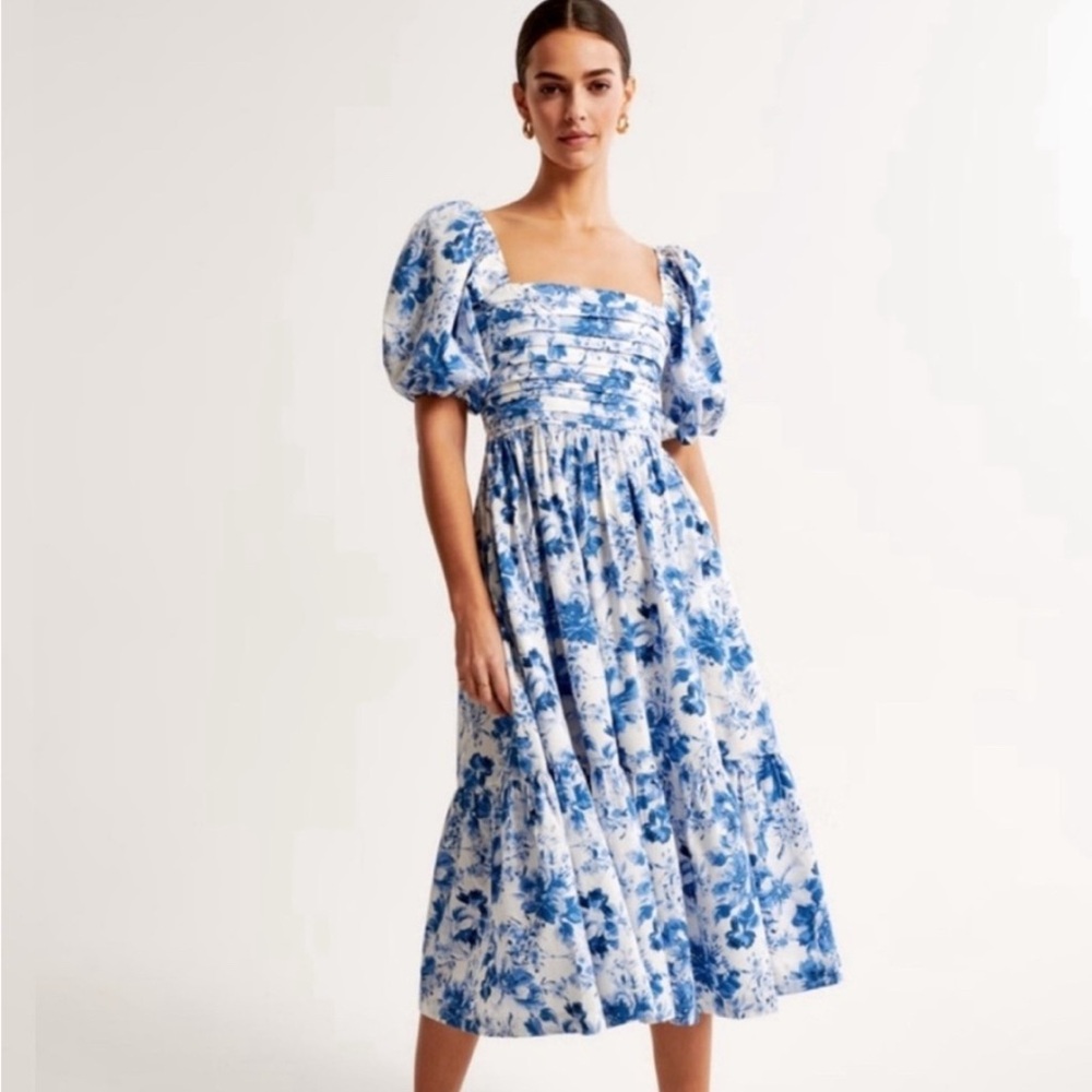 NEW Abercrombie and Fitch Emerson Puff Sleeve Blue White Midi Dress Plus Size 2X